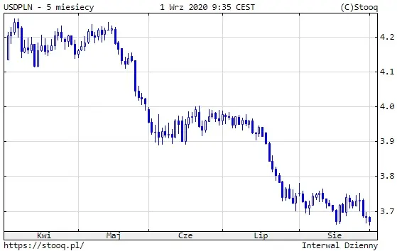 Wykres 1: kurs dolara amerykańskiego do polskiego złotego (USD/PLN) (5 miesięcy)