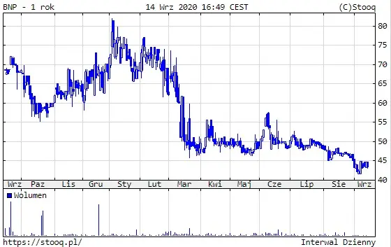 Wykres 5: Kurs spółki BNP Paribas Bank Polska (1 rok)