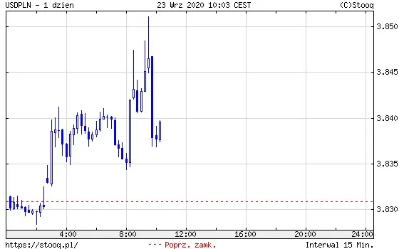 Wykres 2: kurs dolara amerykańskiego do polskiego złotego (USD/PLN) (1 dzień)