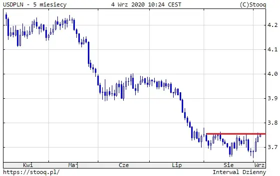 Wykres 1: kurs dolara amerykańskiego do polskiego złotego (USD/PLN) (5 miesięcy)
