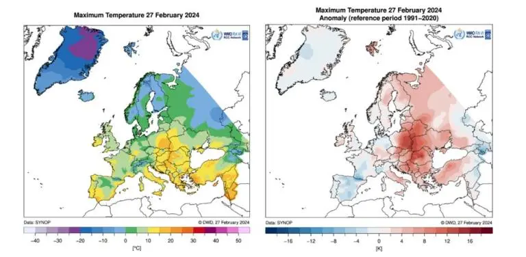 Two maps of europe with different temperatures.