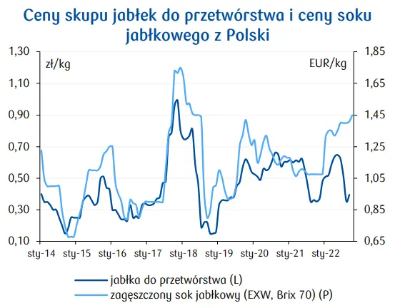 Owoce: wzrost krajowej produkcji owoców w 2022, jednak eksport wciąż niski [ceny jabłek, ceny soku jabłkowego] - 2