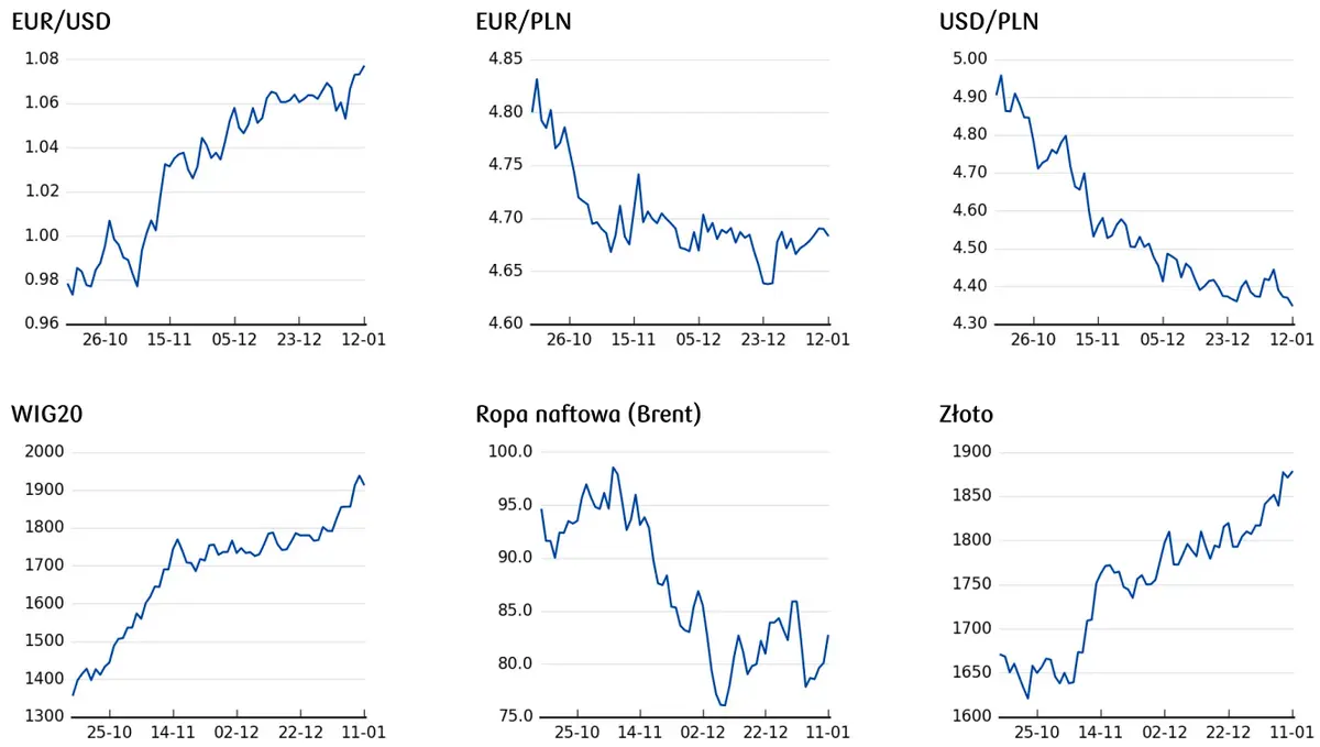 ceny złota, kurs ropy, notowania WIG20, wykres notowań euro i dolara