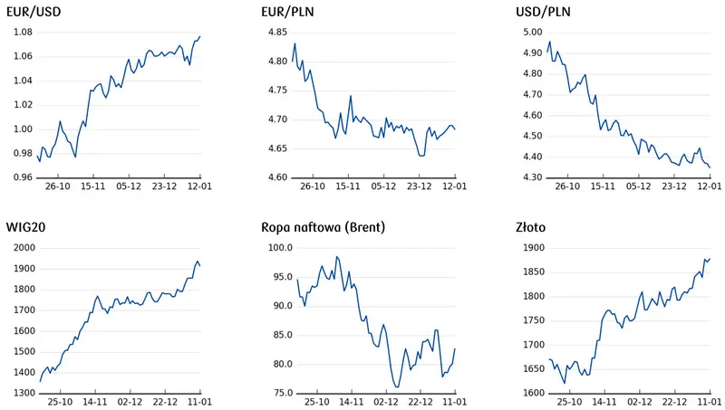 ceny złota, kurs ropy, notowania WIG20, wykres notowań euro i dolara