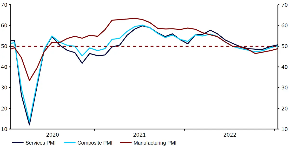 Wskaźniki PMI w strefie euro (2020 – 2023)