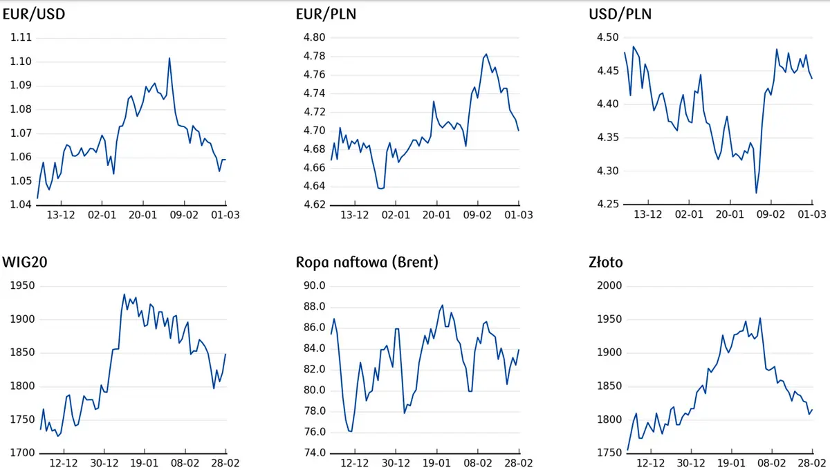 kurs euro, cena złota, ceny ropy, notowania WIG20, kurs dolara - wykresy 